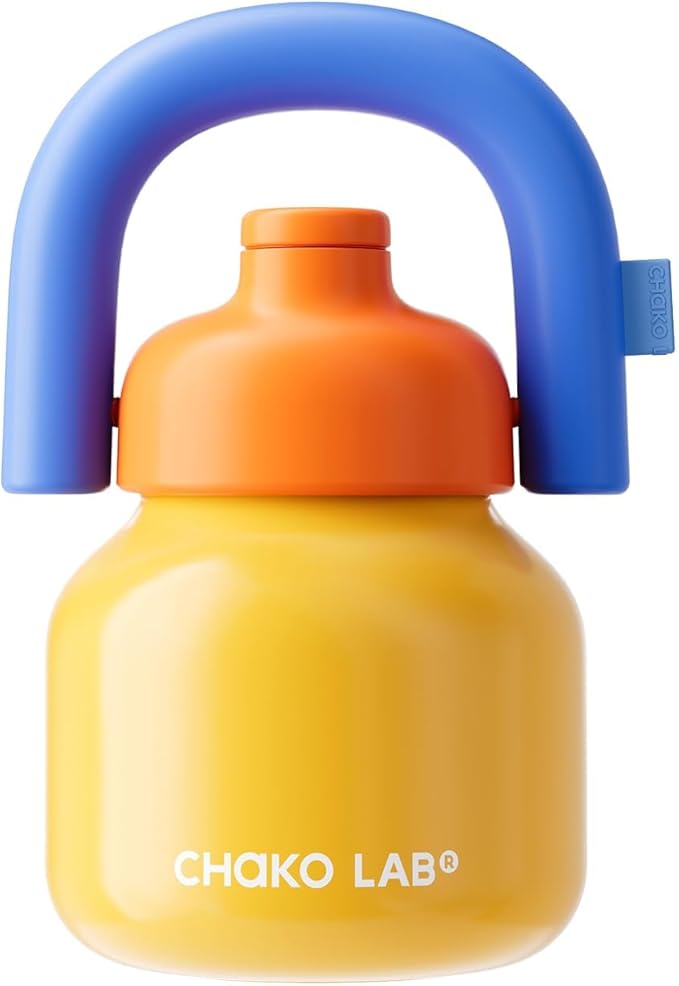 CHAKO LAB Water Bottle with Straw and Carry Handle | Wide Mouth vacuum insulated stainless steel Bottles | Reusable, leak-proof and BPA-free | 33oz(Yellow and blue)
