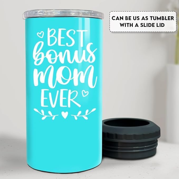 SANDJEST 4-in-1 Mom Tumbler Can Cooler Gifts for Mom from Stepson, Stepdaughter - 12oz Best Bonus Mom Ever Stainless Steel Insulated Cans Coozie Cup Mug Christmas, Birthday, Mother's Day Gifts
