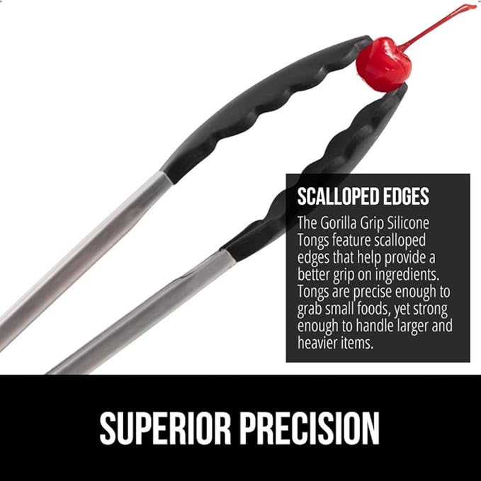 GORILLA GRIP Stainless Steel Heat Resistant Kitchen Tongs for Cooking, 7 + 12 Inch Set of 2 BBQ Tong, Non Scratch Silicone Tip for Pan, Strong Grip, Grab Food, Toss Salad, Air Fryer, Pull Lock, Black