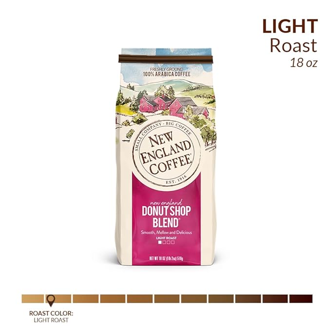 New England Coffee Donut Shop Blend Light Roast Ground Coffee, 18oz Bag (Pack of 1)