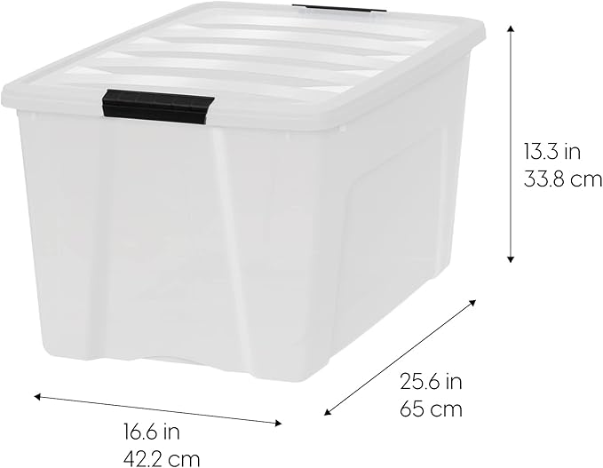 IRIS USA 72 QT Plastic Storage Box with Lid and Latches - 4 Pack - BPA-Free, Discreet Organizing Solution, Durable Nestable Stackable Containers, Secure Pull Handle - Pearl