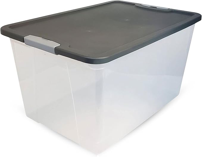 HOMZ 2-Pack Secure Latch, Clear Plastic Storage Organizer Bins, 64 Quart, Gray Lid - Heavy-Duty Container Boxes with Lids for Home, Office, and Garage