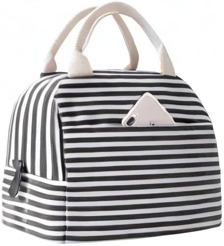 EurCross Canvas Lunch Tote Bag for Women for Work with Black and White Stripes, Reusable Insulated Meal Prep Preppy Lunch Box Bag for Daily Use, Cute Lunch Cooler Bento Boxes Bags