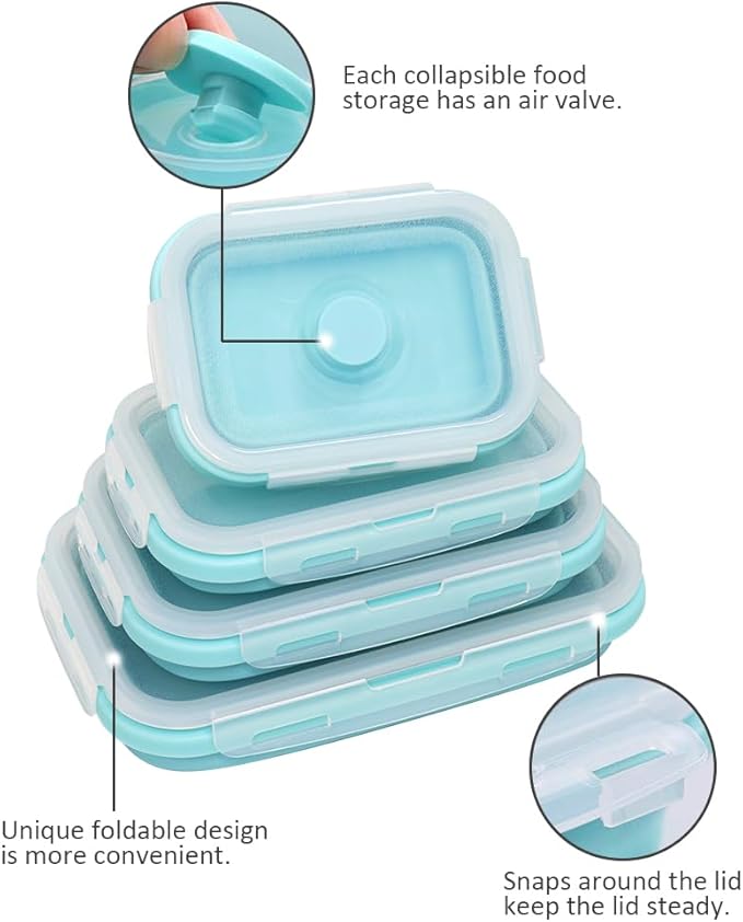 Alimat PluS 4 Assorted Size Set Silicone Food Storage Containers with Lids, 40.5oz, 27oz, 16.9oz and 11.8oz Collapsible Meal Prep Lunch Containers, Microwave, Freezer and Dishwasher Safe