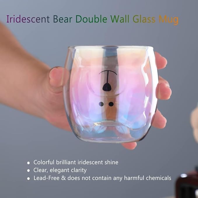 Cute Mugs Double Wall Glass Coffee Glass Cup Kawaii Bear Tea Milk Cup Funny Mug Animal Mug Aesthetic Cup for Office and Personal Birthday Gift (Iridescent Bear)