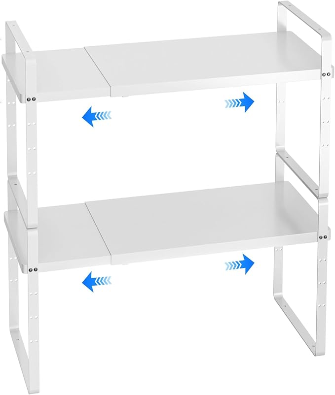 Expandable Cabinet Shelf Organizer, Stackable Kitchen Pantry Counter Storage, Adjustable Closet Cupboard Stand Rack Risers Spice Organization 80LBS Heavy Duty White 2 Pack