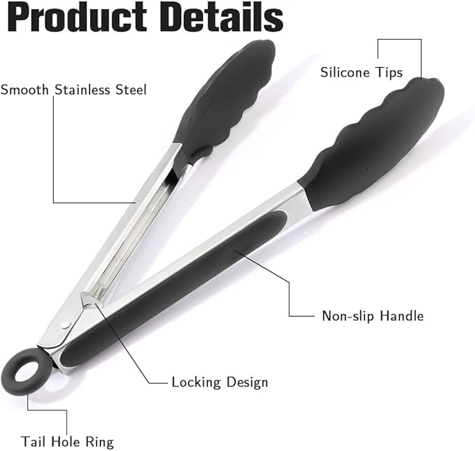 Kitchen Tongs 2 Pcs Tongs for Cooking Black Silicone Tongs 7 Inch 9 Inch Stainless Steel Locking Food Tongs with Silicone Tips Heat Resistant Serving Tong for BBQ Food Grilling Salad Kitchen Utensils