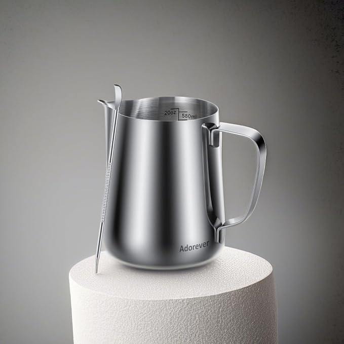 Milk Frothing Pitcher, 20oz Steaming Pitcher Stainless Steel Espresso Machine Accessories for Coffee Bar, Cappuccino Barista Tools Milk Jug Steamer Frother Cup with Decorating Latte Art Pen