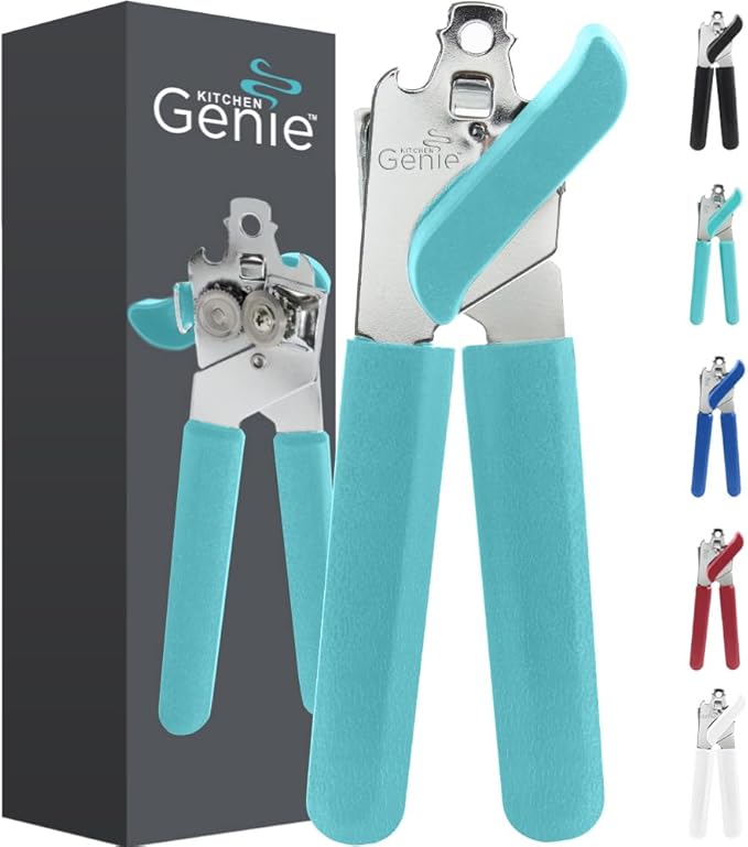 Kitchen Genie Heavy Duty Stainless Steel Manual Can Opener, Strong Blade for Smooth Edge Cuts, Open Cans Easily, Slip-Resistant Ergonomic Handle, Easy Turn Knob, Bottle Openers Included, Teal