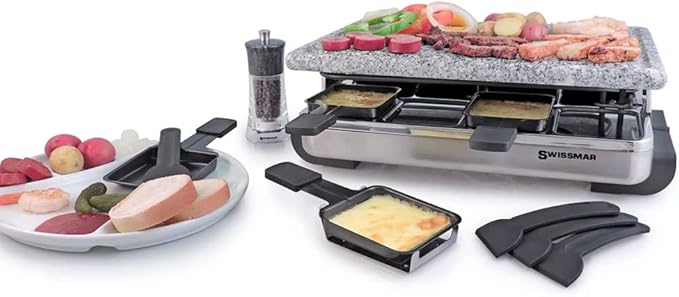 Swissmar Stelvio Raclette Party Grill with Granite Stone Non-Stick Grill Plate/Crepe Top, Outdoor & Indoor Electric BBQ Grill, Samgyupsal Griller - Brushed Stainless Steel - 8-Person - Silver