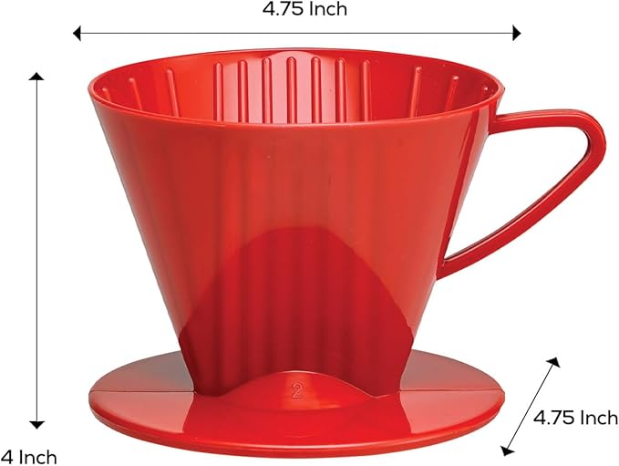 Fino Pour-Over Coffee Brewing Filter Cone, Number 2-Size, Red, Brews 2 to 6-Cups