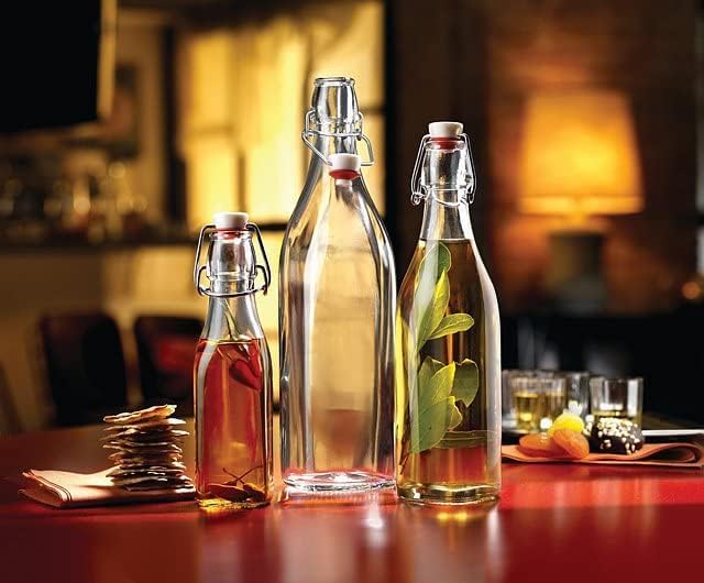 Bormioli Rocco 17oz Swing Bottle (Set of 4) - Reusable Glass Bottles with Airtight Leakproof Swing Tops, BPA-Free Office Water Bottle, Great for Homemade Syrups, Dressings, Infused Oils, Fresh Juices
