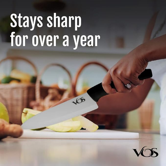 Vos Ceramic Knife with Peeler, Knives Set For Kitchen, Ultra Sharp Kitchen Knife Set with Covers, 4" 5" 6" 7" 8" Paring, Chef Knife, Santoku & 2 more, Lightweight, Dishwasher safe (Black)