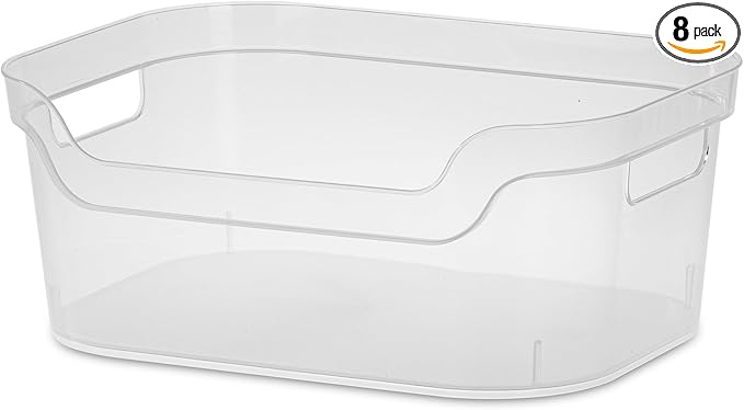 Sterilite 5.25x9.5x13 In Medium Polished Open Scoop Front Storage Bin w/Comfortable Carry Through Handles for Household Organization, Clear (8 Pack)