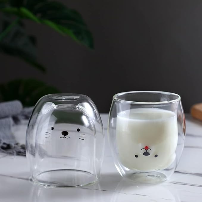 Dog Mug Cute Mugs Glass Double Wall Insulated Glass Espresso Cup, Coffee Cup, Tea Cup, Milk Cup,Kawaii Gift for Office and Personal Birthday Christmas (Happy Dog)