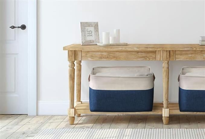 DECOMOMO Storage Baskets for Shelves - Fabric Storage Bins, Linen Closet Organizers and Storage (Navy Blue & White, Large - 3 Pack)