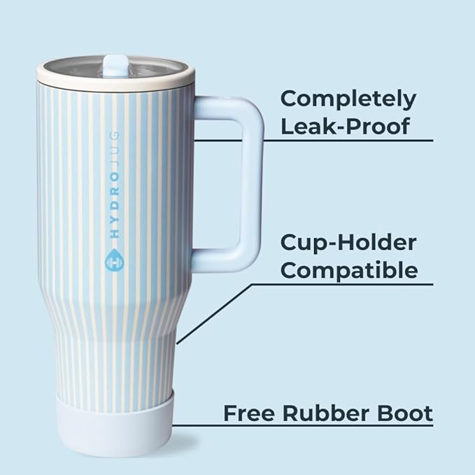 HydroJug Traveler - 40 oz Water Bottle with Handle & Flip Straw - Fits in Cup Holder, Leak Resistant Tumbler-Reusable Insulated Stainless Steel & Rubber Base - Gifts for Women & Men, Cape Cod