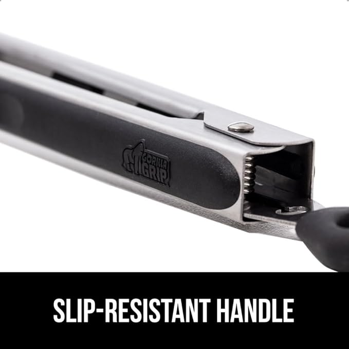 GORILLA GRIP Stainless Steel Heat Resistant Kitchen Tongs for Cooking, 7 + 12 Inch Set of 2 BBQ Tong, Non Scratch Silicone Tip for Pan, Strong Grip, Grab Food, Toss Salad, Air Fryer, Pull Lock, Black