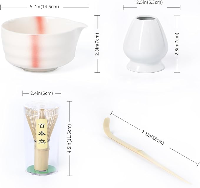 Matcha Whisk Set,Ceramic Matcha Set,with Ceramic Bowl,Bamboo Whisk&Holder,Scoop,Authentic Japanese Matcha,for Matcha Lovers,Gift for Family/Friend(Spotted Pink)