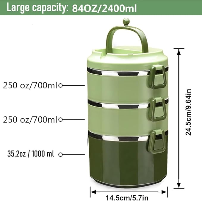 SANQIAHOME 3 Tier Stackable Stainless Steel Lunch Box Sealed(green, 3 layers) with spoon and fork