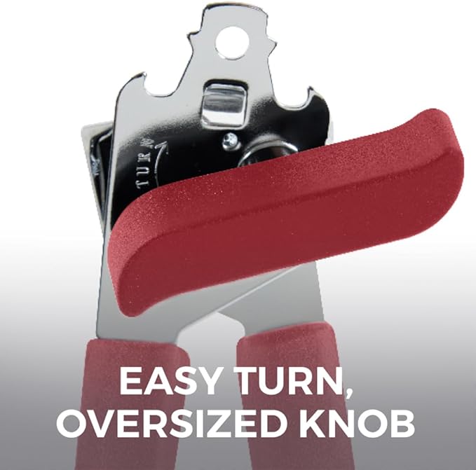 Kitchen Genie Slip Resistant Stainless Steel Manual Can Opener, Sharp Blade for Smooth Edge Cuts, Easily Open Cans, Ergonomic Handles with Easy to Turn Knob, Built-In Bottle Openers, Cherry Red