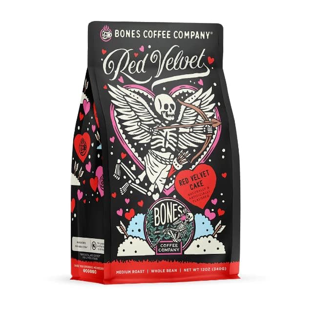 Bones Coffee Company Red Velvet, Red Velvet Cake Flavored Coffee, Medium Roast Low Acid Arabica Beans Compatible with Auto drip and French Press Coffee Maker, 12 Oz Whole Bean