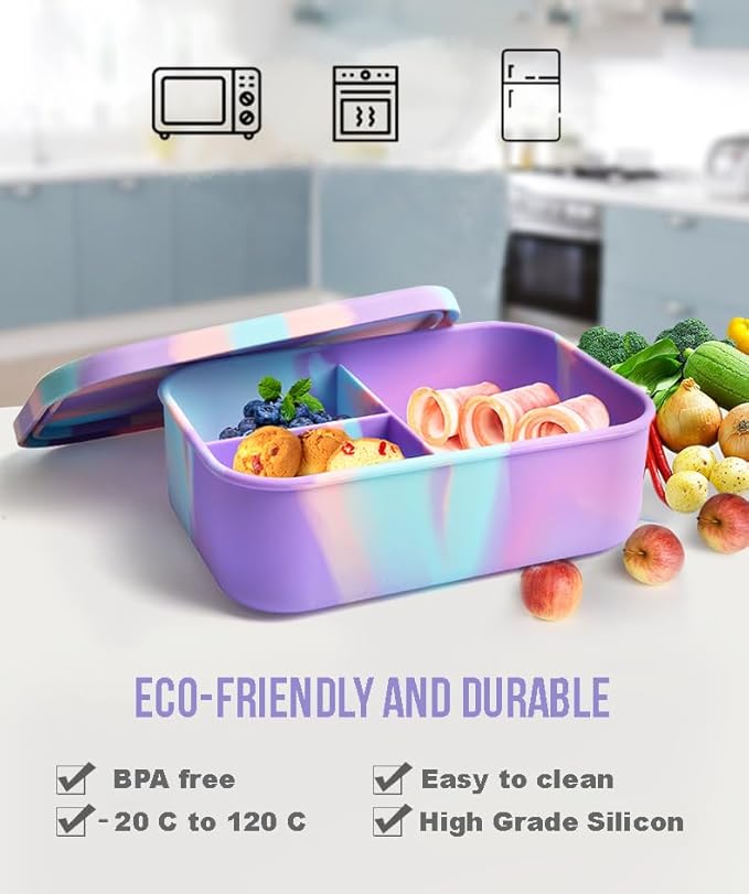 Silicone Lunch Box for Adults & Kids, 40oz Bento Box | 3 Compartments, Leak-Proof Design, 100% Food-Grade Silicone | Microwavable & Portable For All Occasions (5.7x8.5in, Purple)