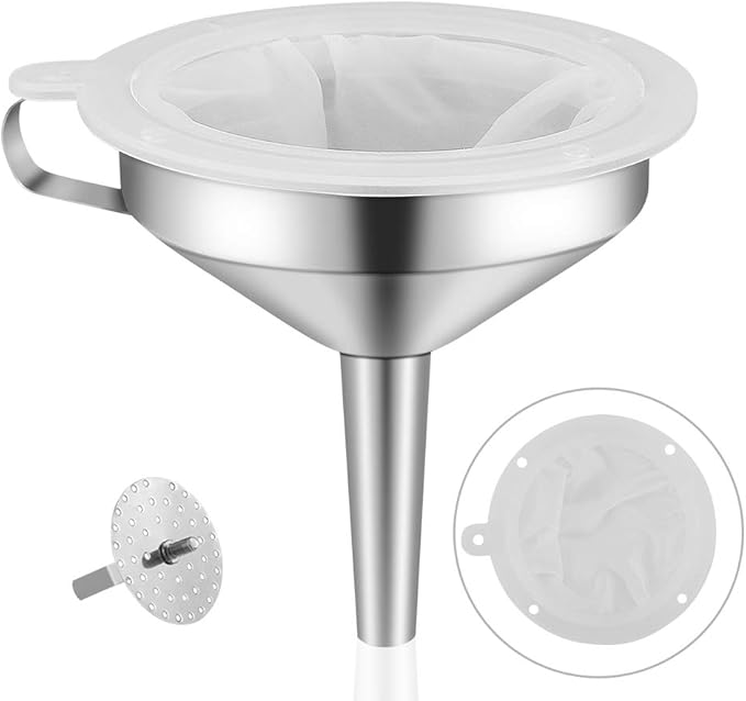 5-Inch Food Grade Stainless Steel Kitchen Funnel with 200 Mesh Food Filter Strainer for Transferring of Liquid Dry Ingredients and Metal Cooking Funnel