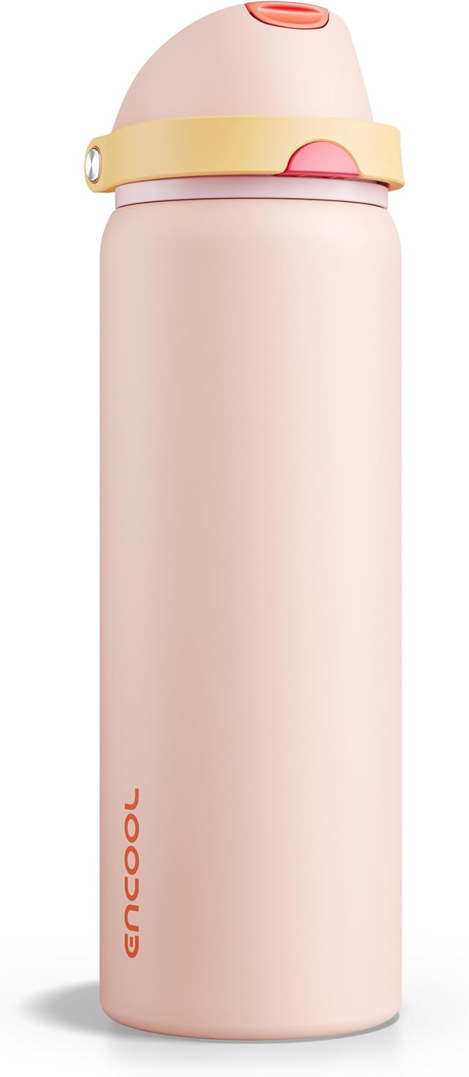 Insulated Water Bottle with Straw - Encool Stainless Steel Water Bottle with Push Button Lid, Leak-Proof & BPA-Free, Keeps Cold for 24 Hours for Sports, Travel, Gym (32 oz, Pink Daisy-Red)