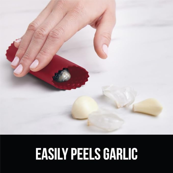GORILLA GRIP Garlic Press and Peel Set, Heavy Duty Mincer Tool, Large Ergonomic Handle, Easily Mince and Crush Garlics, Ginger, Nuts, Seeds, Peeler Included, Peeling Cloves, Kitchen Gadgets, Red