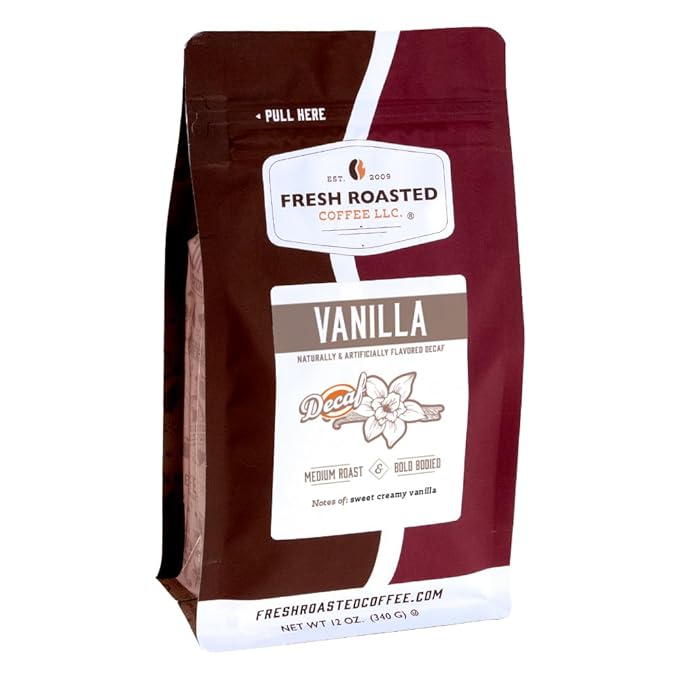 Fresh Roasted Coffee, Decaf Vanilla Flavored Coffee, 12 oz, Medium Roast, Kosher, Whole Bean
