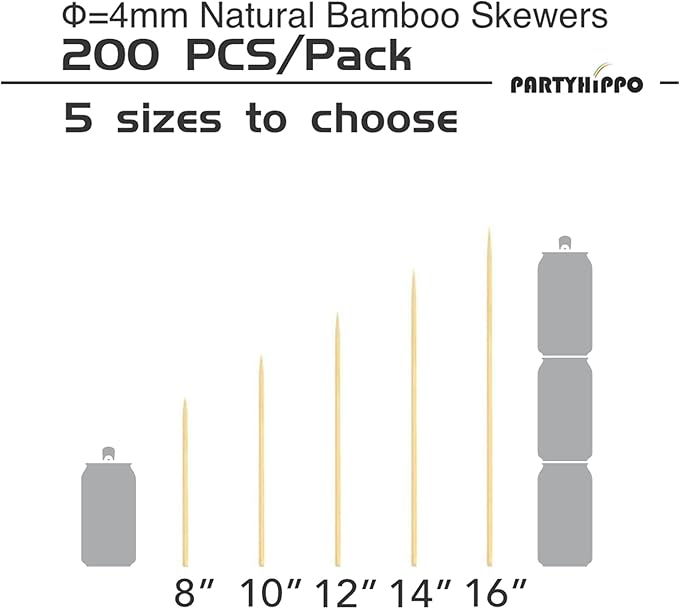 PARTYHIPPO 14 Inch Natural Bamboo Skewers, 4mm Thick, 200 Pack – BBQ Kabob Sticks for Grilling, Fruit, Chocolate Fountain, Crafts & Parties – More Size Choices /8"/10"/12"/14"/16"(14")