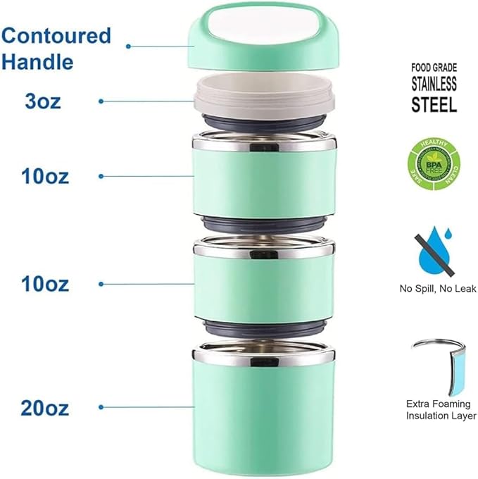 Lille Home Stackable Stainless Steel Thermal Compartment Lunch/Snack Box, 3-Tier Insulated Bento/Food Container with Lunch Bag, Utensils Set and Three Extra Seals, 43OZ