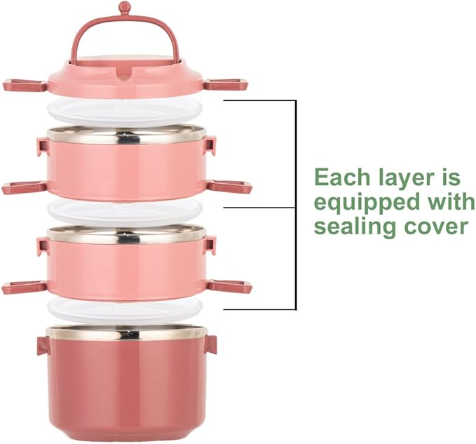 SANQIAHOME 3 Tier Stackable Stainless Steel Lunch Box Sealed(pink, 3 layers) with spoon and fork