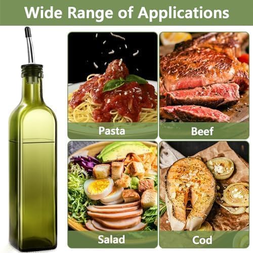 Olive Oil Dispenser Bottle, 1 Pcs Green Glass Olive Oil Dispenser and Vinegar Dispenser Set with 2 Stainless Steel Pourers, 2Labels,1 Brush and 1 Funnel Oil Bottles for Kitchen, 17 oz(500ml)