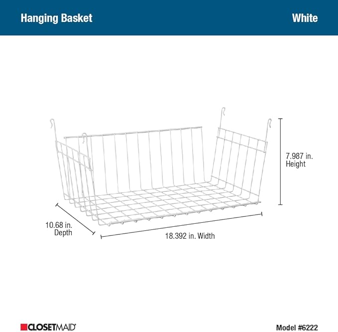 ClosetMaid Wire Hanging Shelf Basket for Storage, Organization in Closet or Pantry, No Assembly or Installation, Durable, 10.68"D x 18.39"W x 7.99"H, White