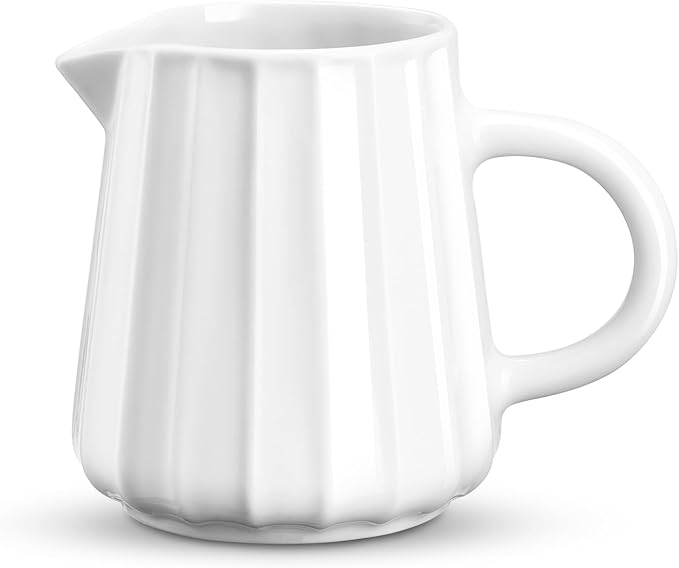 Gurygo Wave Shaped 9 Oz Classic White Creamer with Handle - Small Creamer Pitcher - Fine Porcelain Ceramic Pitcher for Coffee Milk Sauces Salad, Microwave & Freezer Safe