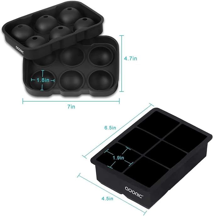 Ice Cube Tray, Large Square Ice Tray and Sphere Ice Ball Maker with Lid for Whiskey and Homemade, Reusable,Easy Demold (Silicone Ice Cube Molds Set of 2)