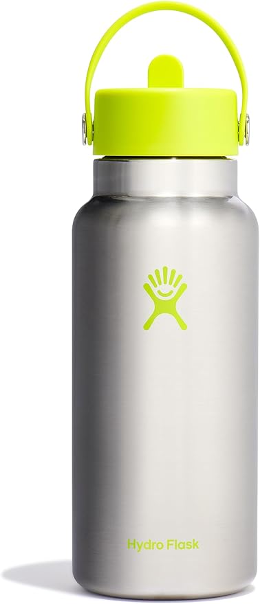 Hydro Flask Water Bottle - Insulated Stainless Steel - Wide Mouth Flex Straw Lid, Non Spill, Leakproof and Refillable in 32 Oz Stainless Steel Lime