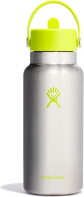 Hydro Flask Water Bottle - Insulated Stainless Steel - Wide Mouth Flex Straw Lid, Non Spill, Leakproof and Refillable in 32 Oz Stainless Steel Lime