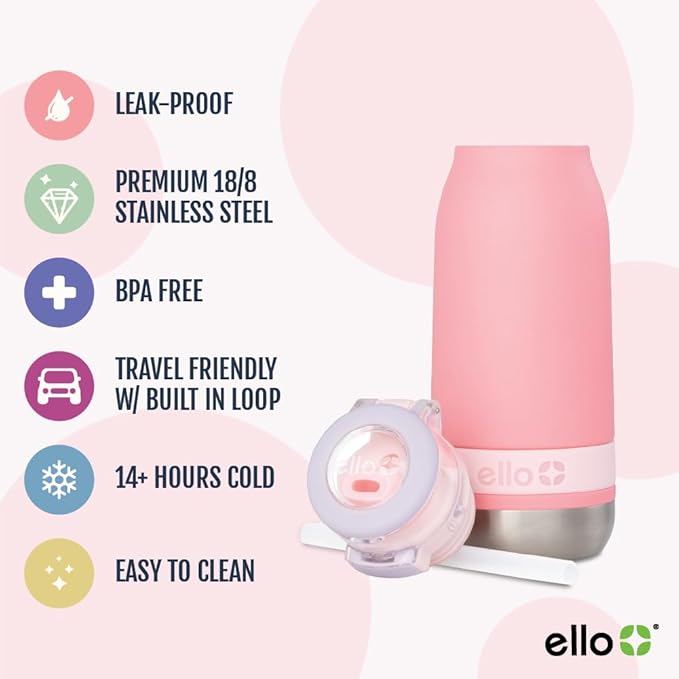 Ello Emma 14oz Vacuum Insulated Stainless Steel Kids Water Bottle with Straw and Built-in Carrying Handle and Leak-Proof Locking Lid for School Backpack, Lunchbox and Outdoor Sports
