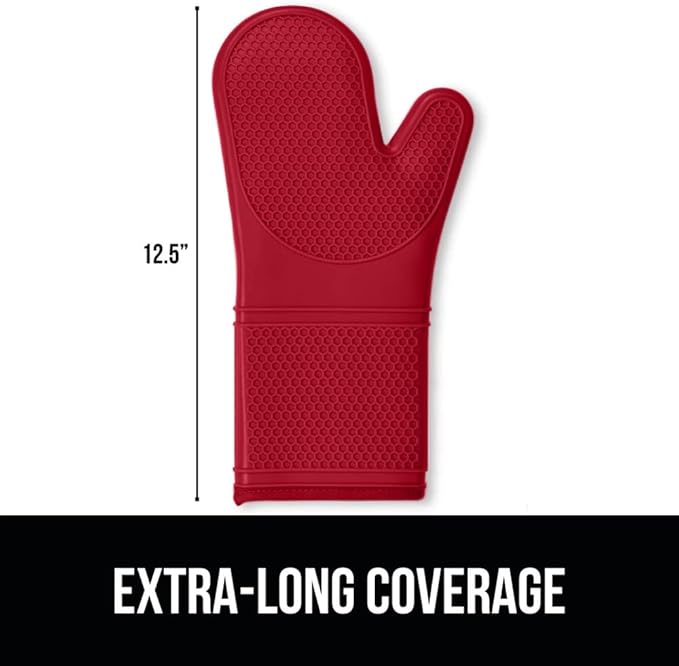 GORILLA GRIP BPA-Free Soft Silicone Oven Mitts, Heat Resistant and Waterproof Cooking Gloves, Thick Cotton Lining, Flexible Gripping Kitchen Potholders Set of 2, Christmas Kitchen Decor, 12.5x8.3, Red