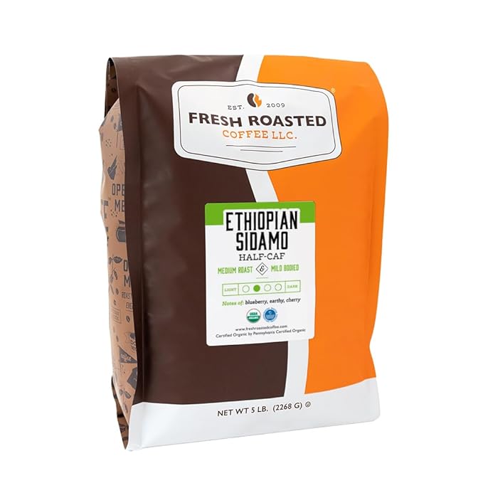 Fresh Roasted Coffee, Organic Ethiopian Sidamo Water-Processed Half-Caf | USDA Organic, 100% Single Origin, Kosher | Medium Roast 5 lb (80 oz) Whole Bean