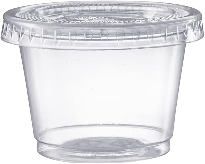 Pantry Value [1 oz. - 200 Count Clear Disposable Plastic Portion Cups with Lids - Small Plastic Condiment Containers for Sauce, Salad Dressings & Portion Control