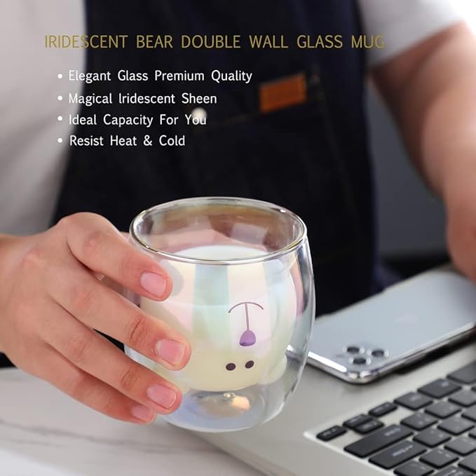 Cute Mugs Double Wall Glass Coffee Glass Cup Kawaii Bear Tea Milk Cup Funny Mug Animal Mug Aesthetic Cup for Office and Personal Birthday Gift (Iridescent Bear)