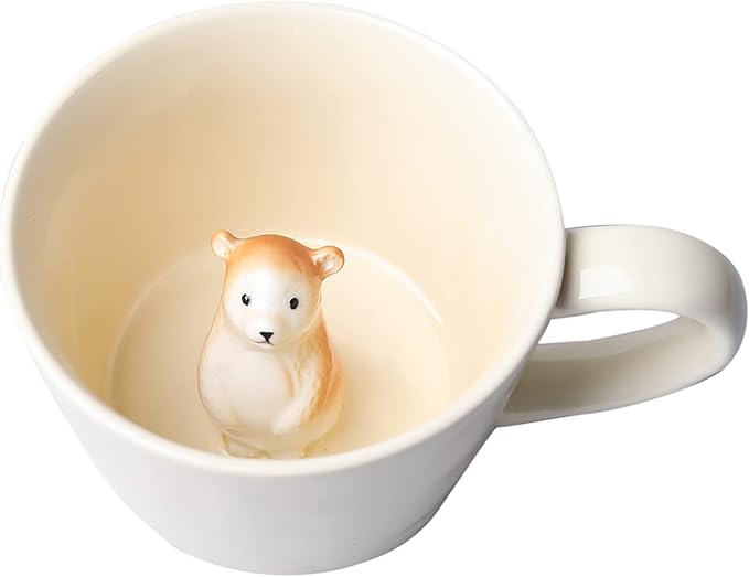 DIHOclub Bear Ceramic Cup Hidden 3D Animal Inside Mug,Cute Cartoon Handmade Figurine Mugs,Holiday and Birthday Gift for Coffee Milk Tea Lovers,12 OZ(Cream Color)