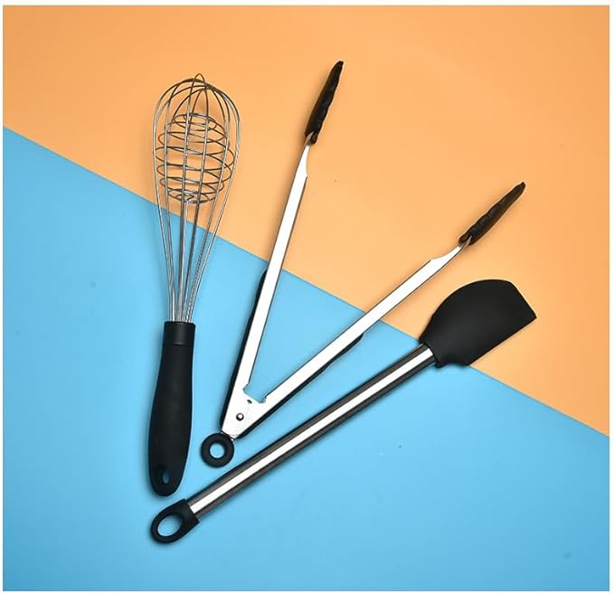 KSENDALO 9-Piece Silicone Cooking Utensils Set with Holder, Heat Resistant Kitchen Utensils Set of Slotted Spatula, Spoons, Whisk, Tong, Non Toxic Black Kitchen Tool Set for Nonstick Cookware, Black