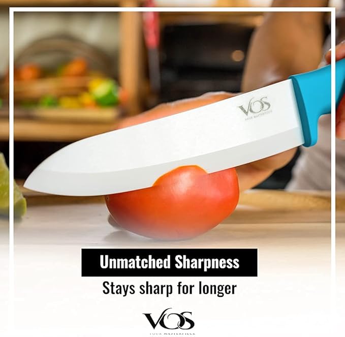 Vos Ceramic Knife Set with Peeler, Ceramic Knives Set For Kitchen, Ultra Sharp Kitchen Knife Set with Covers, 3" 4" 6" Paring, Utility & Chef Knife, Lightweight, Dishwasher safe (Multi-Color Handle)