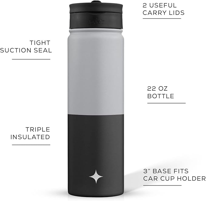 JoyJolt Triple Insulated Water Bottle with Straw Lid AND Flip Lid! 22oz Water Bottle, 12 Hour Hot/Cold Vacuum Insulated Stainless Steel Water Bottle. BPA-Free Leakproof Water Bottles - Thermos Bottle