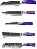 5-Piece Premium Japanese Kitchen Knife Set - Imperial Collection, Laser Damascus Pattern, 440A Stainless Steel Ultra Sharp for Fast Cutting (Purple 5A)